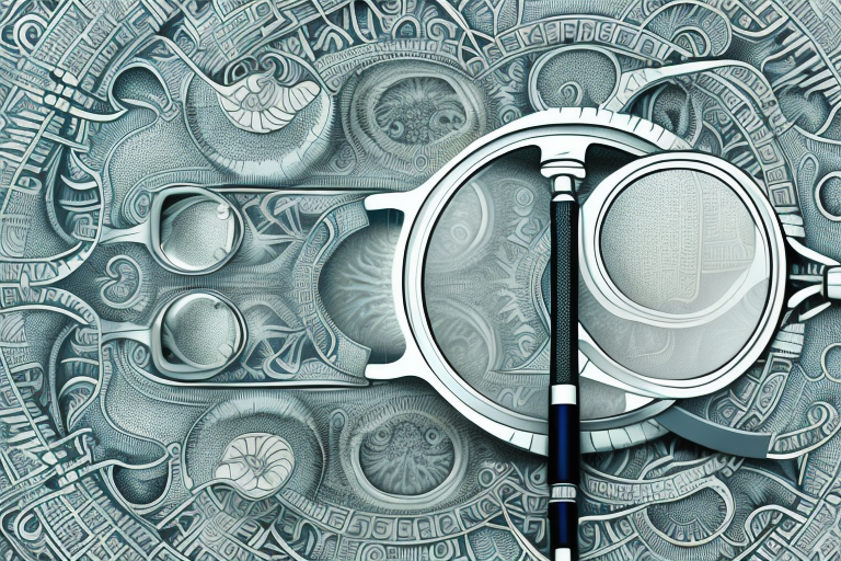 A pair of magnifying glasses with a detailed background of intricate shapes and patterns