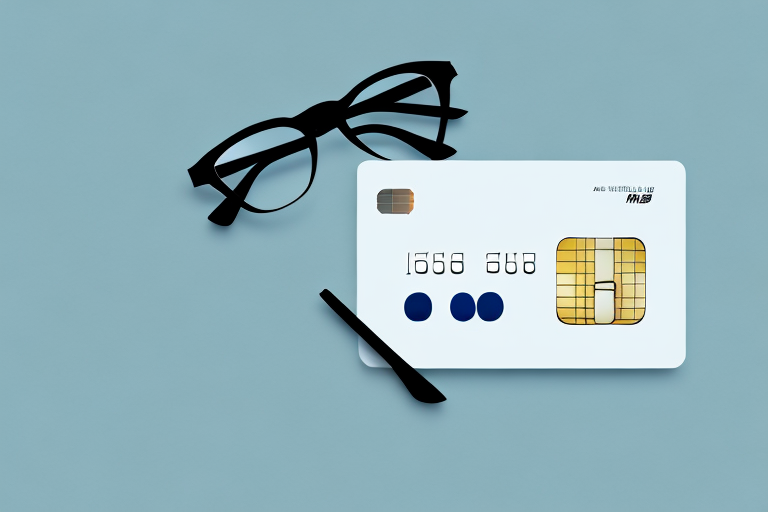A pair of glasses with a credit card in the background