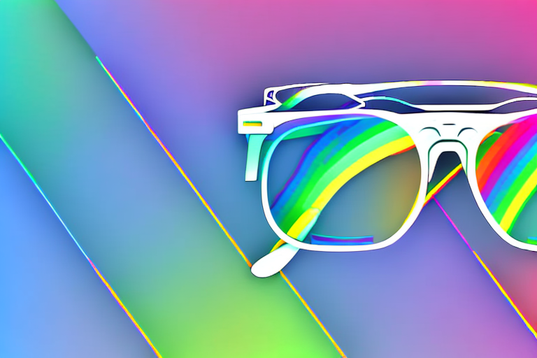 A pair of prism glasses with a rainbow of colors emanating from them