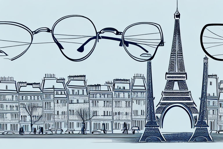 A pair of glasses in front of a parisian street scene
