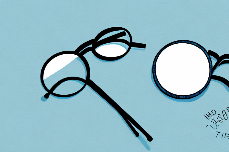 A pair of reading glasses with a magnifying glass in the background