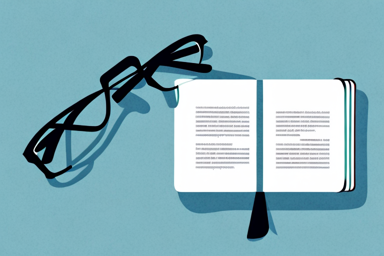 A pair of glasses with a book open in the background